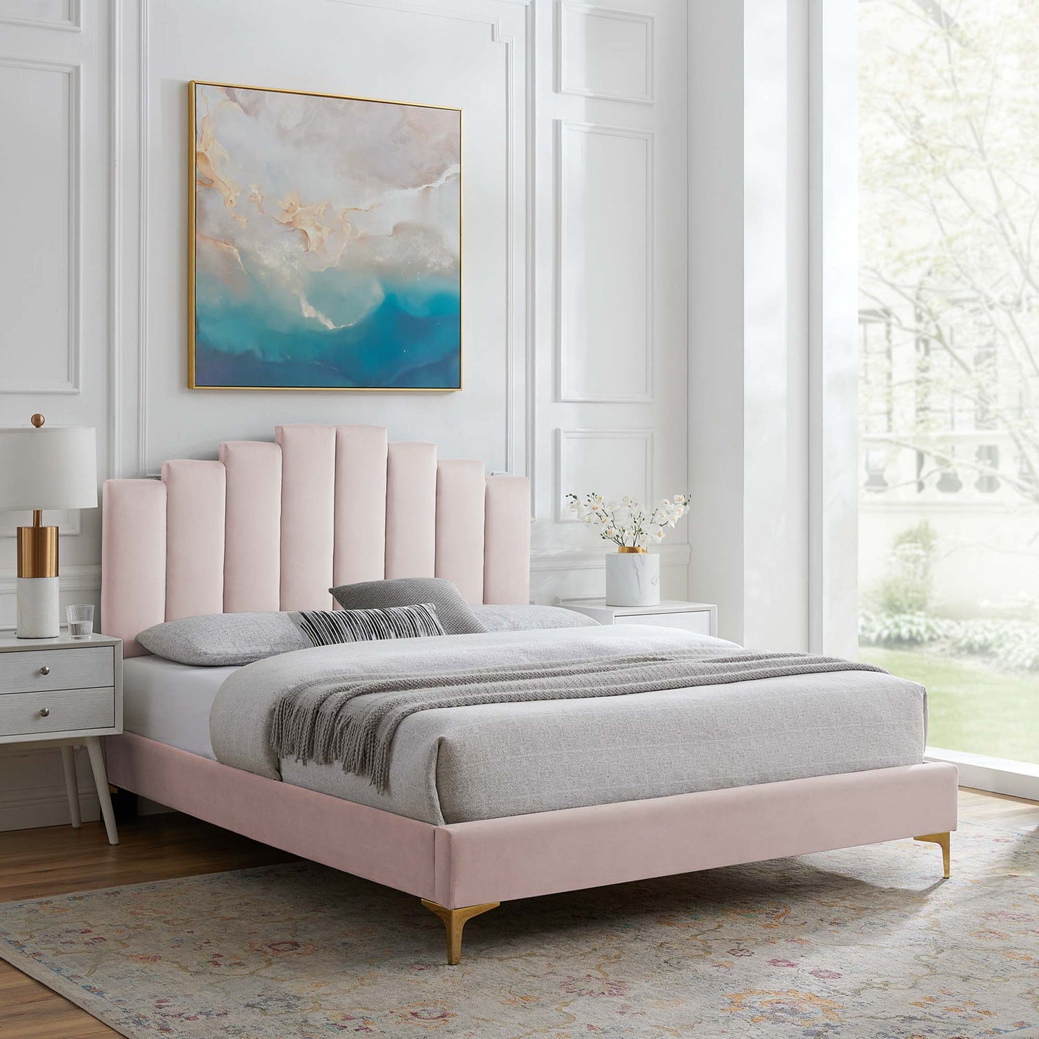 Elise Performance Velvet Platform Bed With Gold Metal Legs by Modway