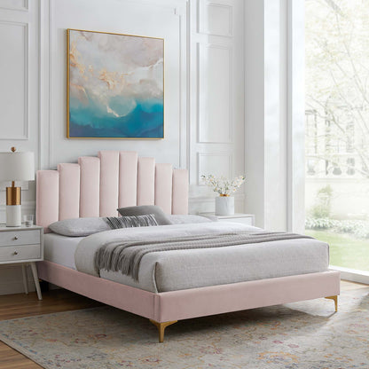 Elise Performance Velvet Platform Bed With Gold Metal Legs by Modway