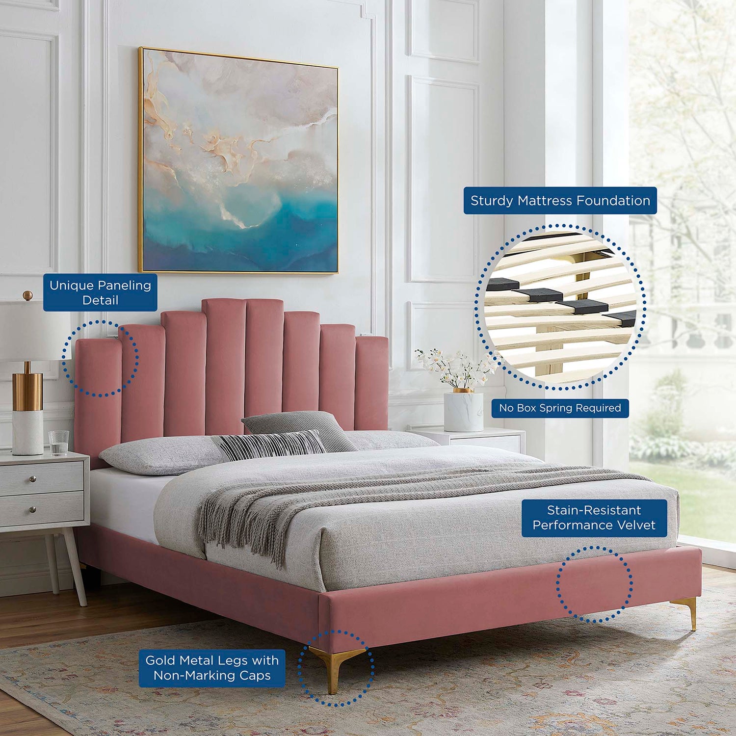 Elise Performance Velvet Platform Bed With Gold Metal Legs by Modway