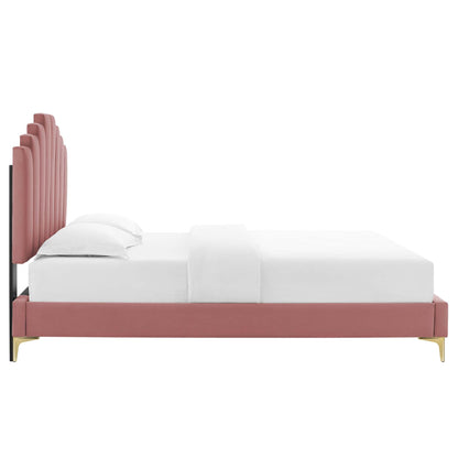 Elise Performance Velvet Platform Bed With Gold Metal Legs by Modway