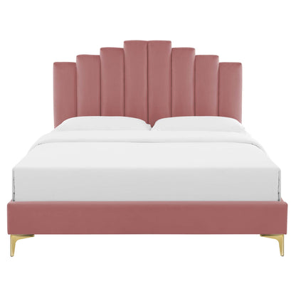 Elise Performance Velvet Platform Bed With Gold Metal Legs by Modway