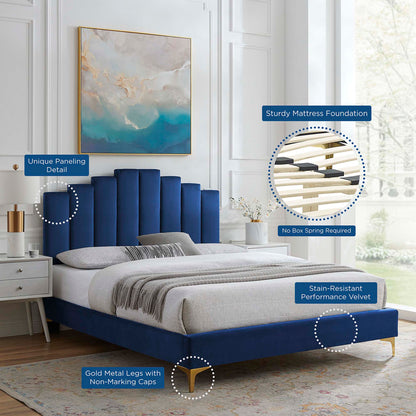 Elise Performance Velvet Platform Bed With Gold Metal Legs by Modway