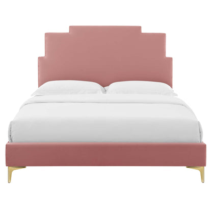 Lindsey Performance Velvet Platform Bed With Gold Metal Legs by Modway