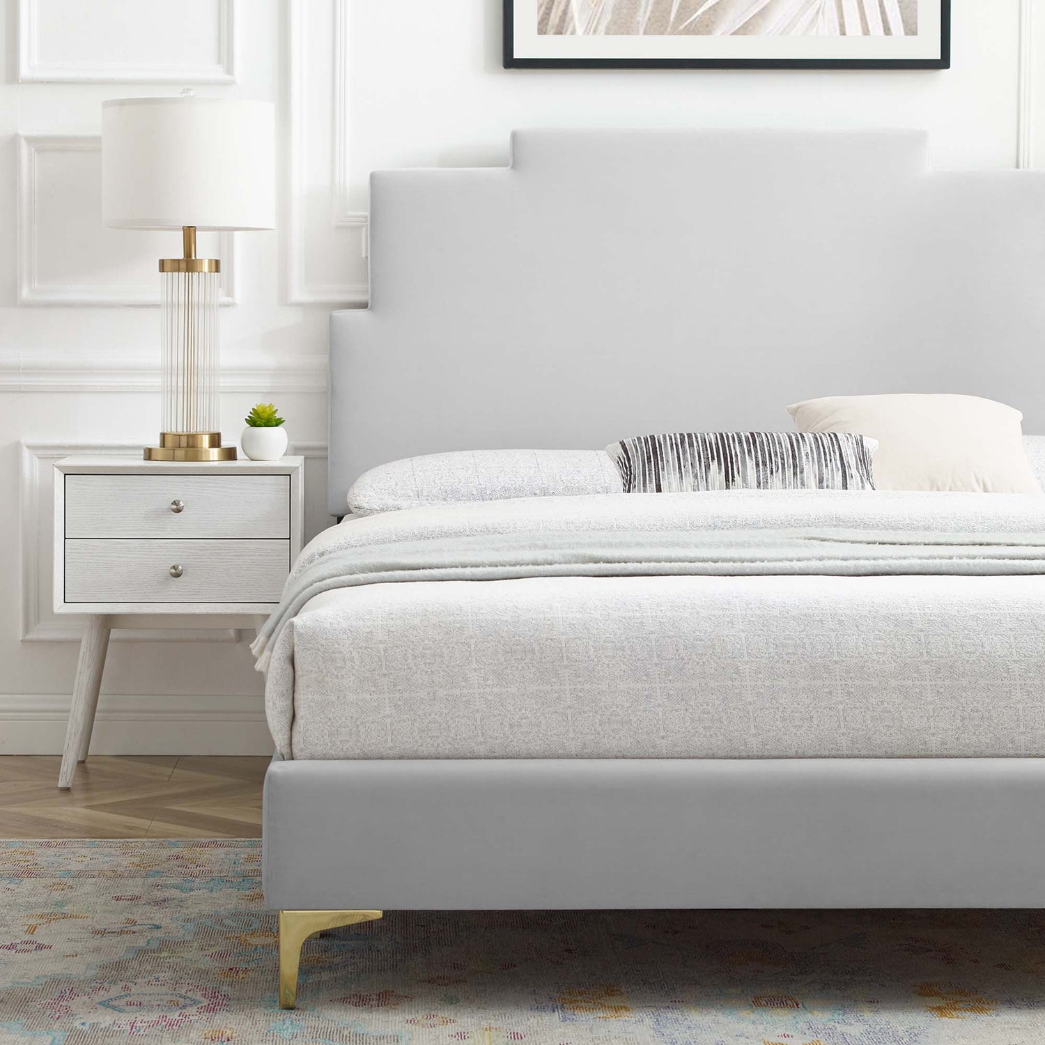 Lindsey Performance Velvet Platform Bed With Gold Metal Legs by Modway