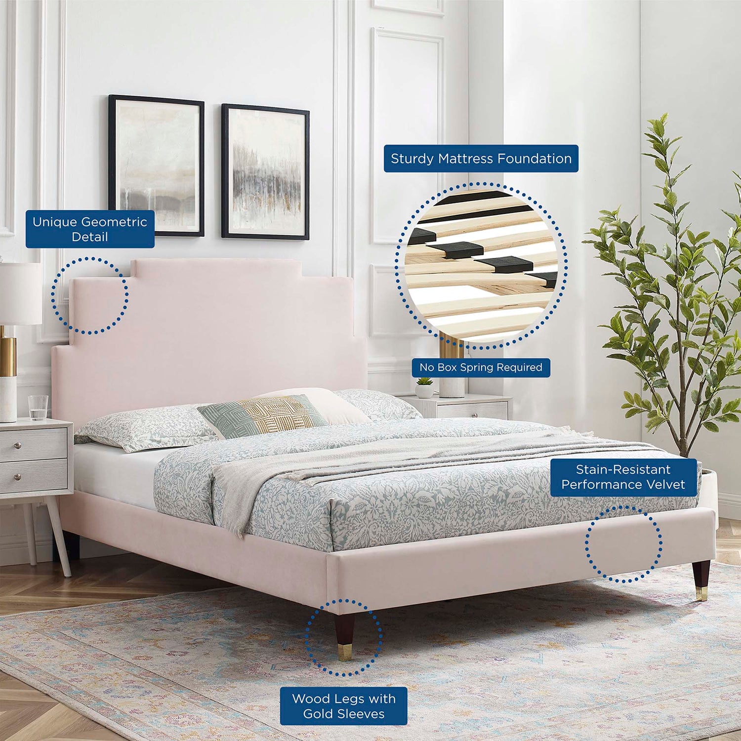 Lindsey Performance Velvet Platform Bed With Wood and Gold Legs by Modway