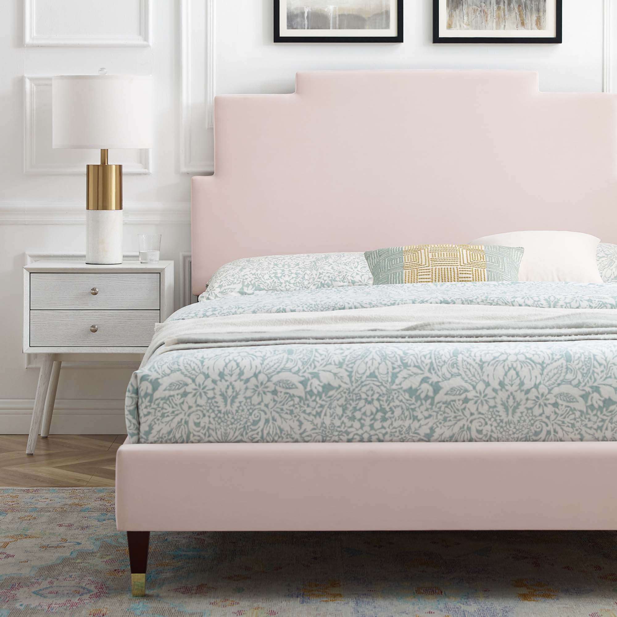 Lindsey Performance Velvet Platform Bed With Wood and Gold Legs by Modway