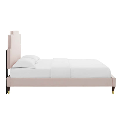 Lindsey Performance Velvet Platform Bed With Wood and Gold Legs by Modway