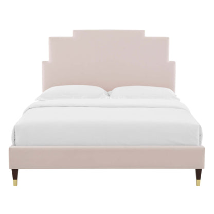Lindsey Performance Velvet Platform Bed With Wood and Gold Legs by Modway