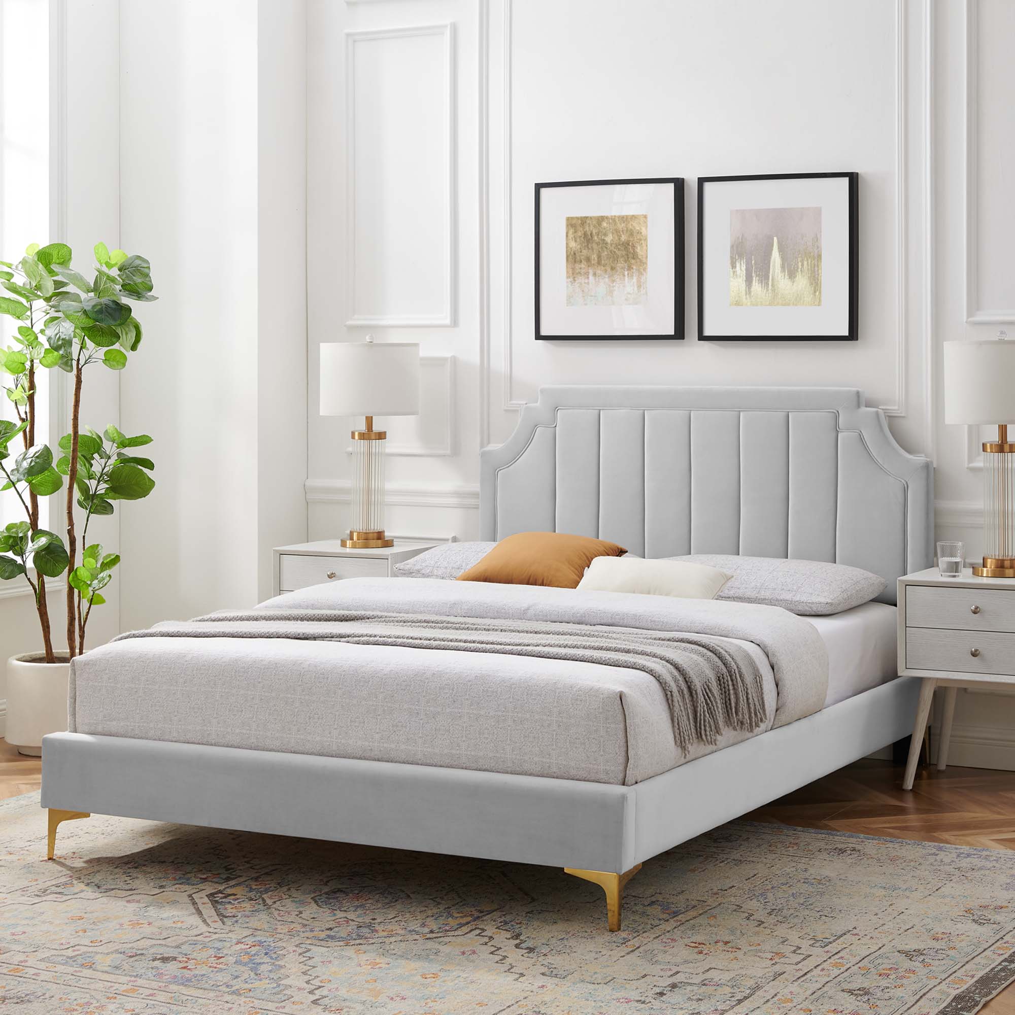 Sienna Performance Velvet Platform Bed With Gold Metal Legs by Modway