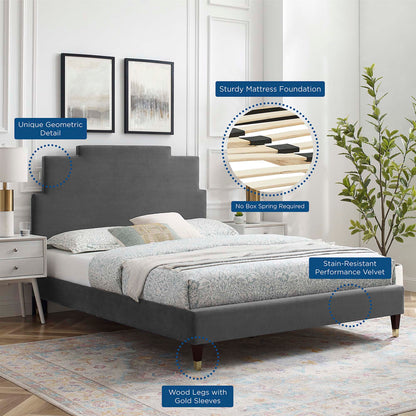 Lindsey Performance Velvet Platform Bed With Wood and Gold Legs by Modway