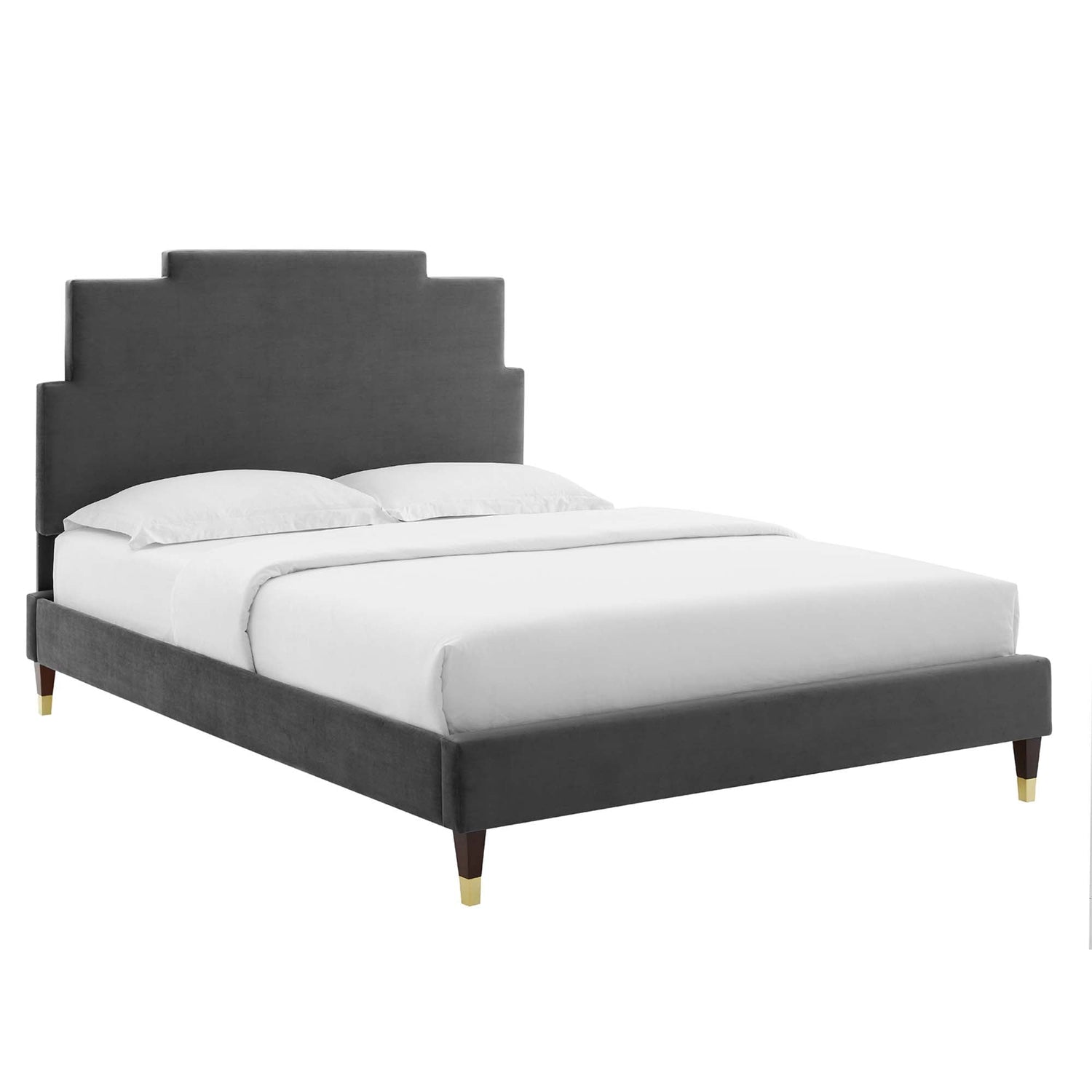 Lindsey Performance Velvet Platform Bed With Wood and Gold Legs by Modway