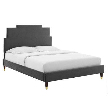 Lindsey Performance Velvet Platform Bed With Wood and Gold Legs by Modway