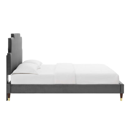 Lindsey Performance Velvet Platform Bed With Wood and Gold Legs by Modway