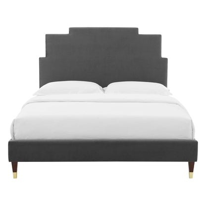 Lindsey Performance Velvet Platform Bed With Wood and Gold Legs by Modway
