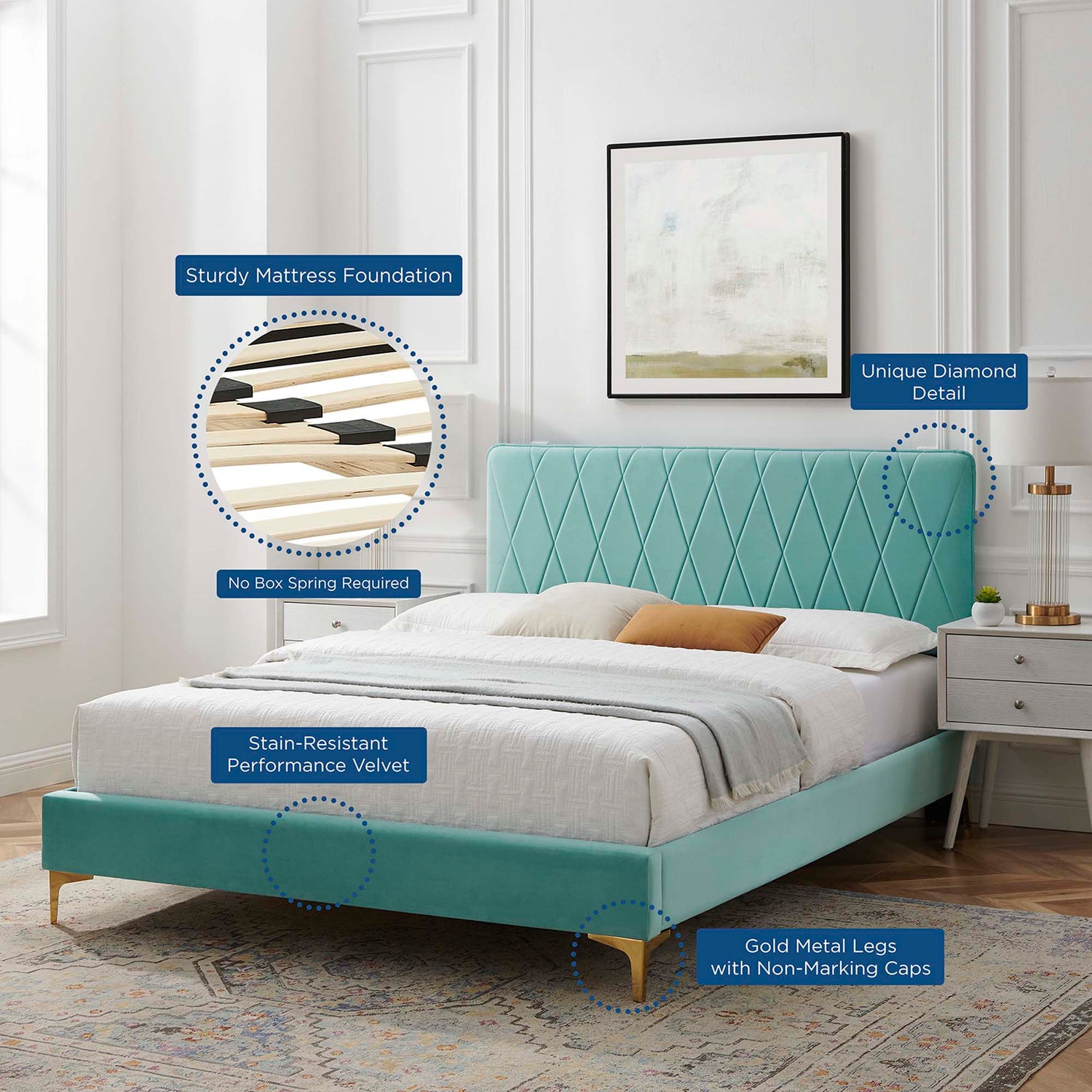 Phillipa Performance Velvet Platform Bed With Gold Metal Legs by Modway