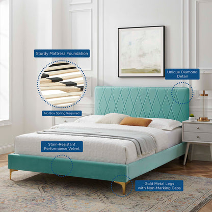 Phillipa Performance Velvet Platform Bed With Gold Metal Legs by Modway