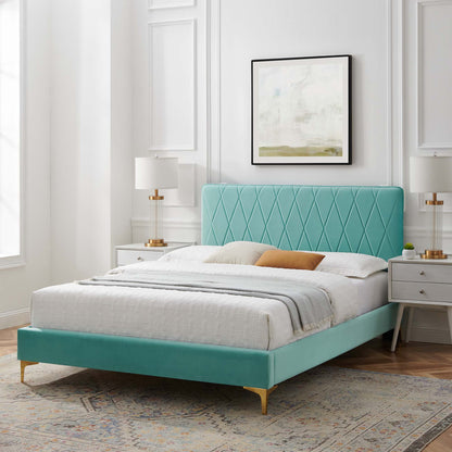 Phillipa Performance Velvet Platform Bed With Gold Metal Legs by Modway