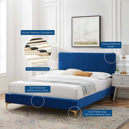 Phillipa Performance Velvet Platform Bed With Gold Metal Legs by Modway