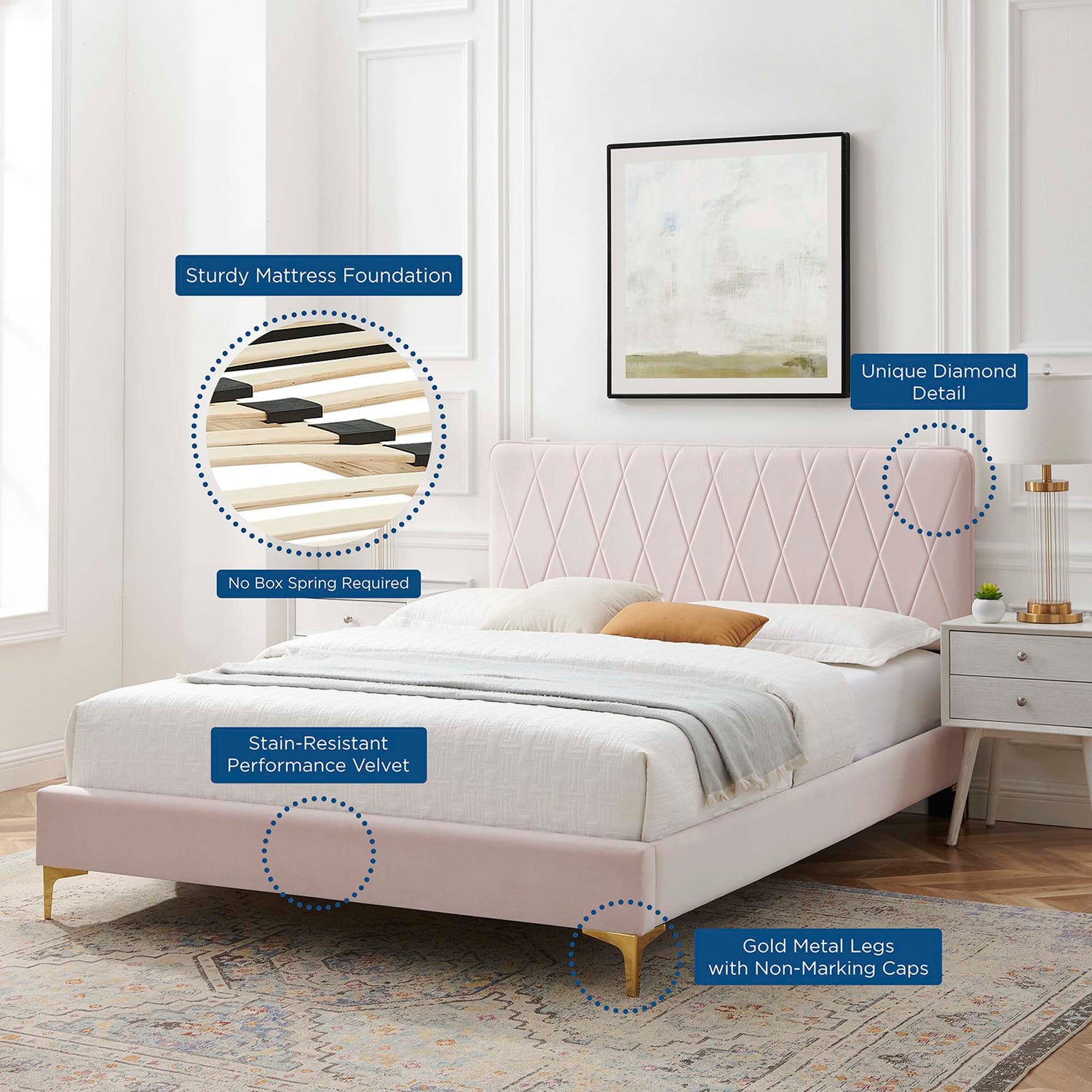 Phillipa Performance Velvet Platform Bed With Gold Metal Legs by Modway