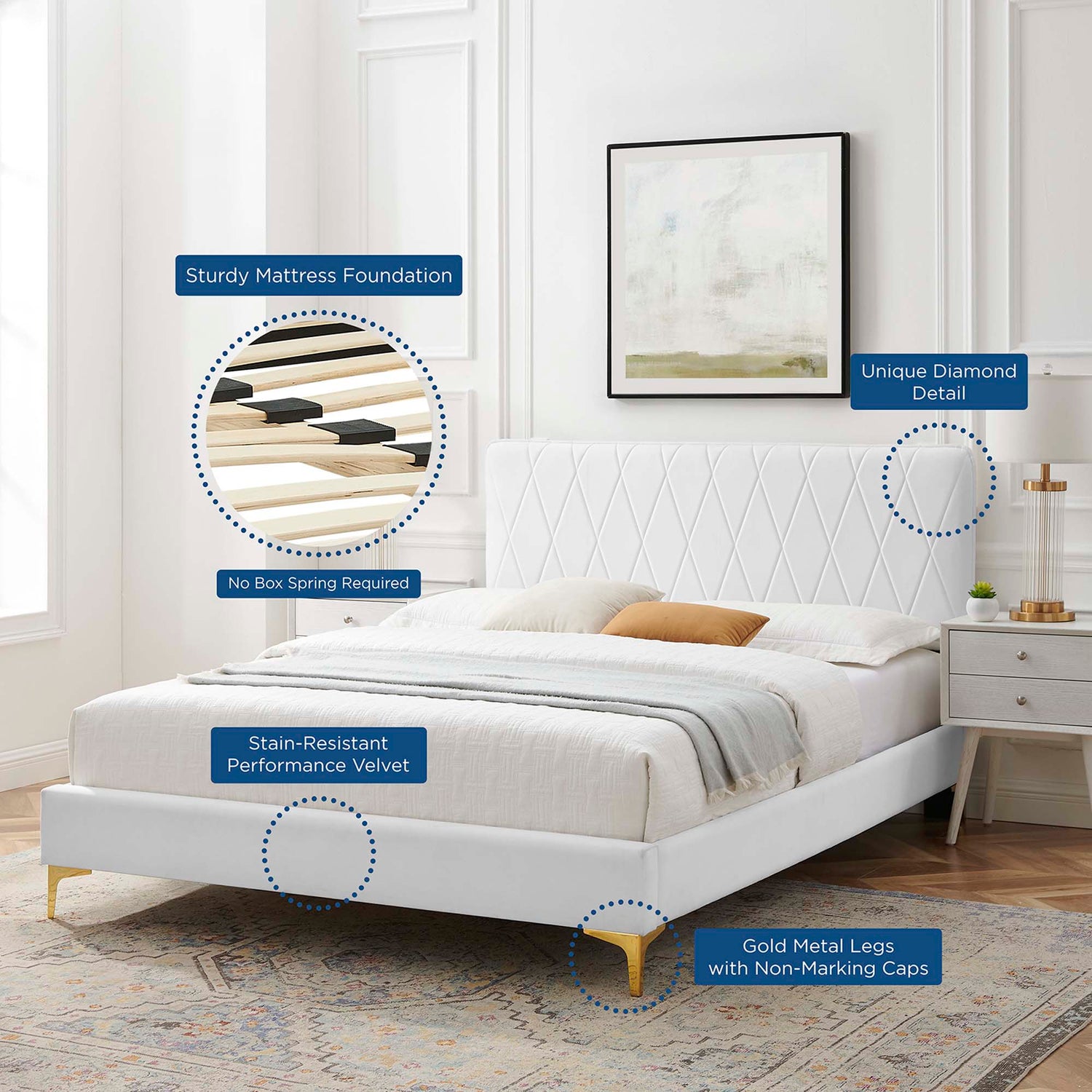 Phillipa Performance Velvet Platform Bed With Gold Metal Legs by Modway