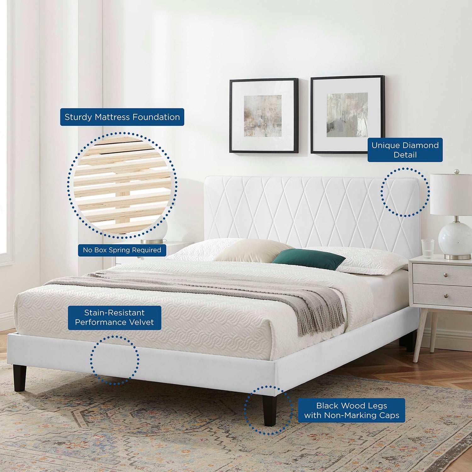 Phillipa Performance Velvet Platform Bed With Black Wood Legs by Modway