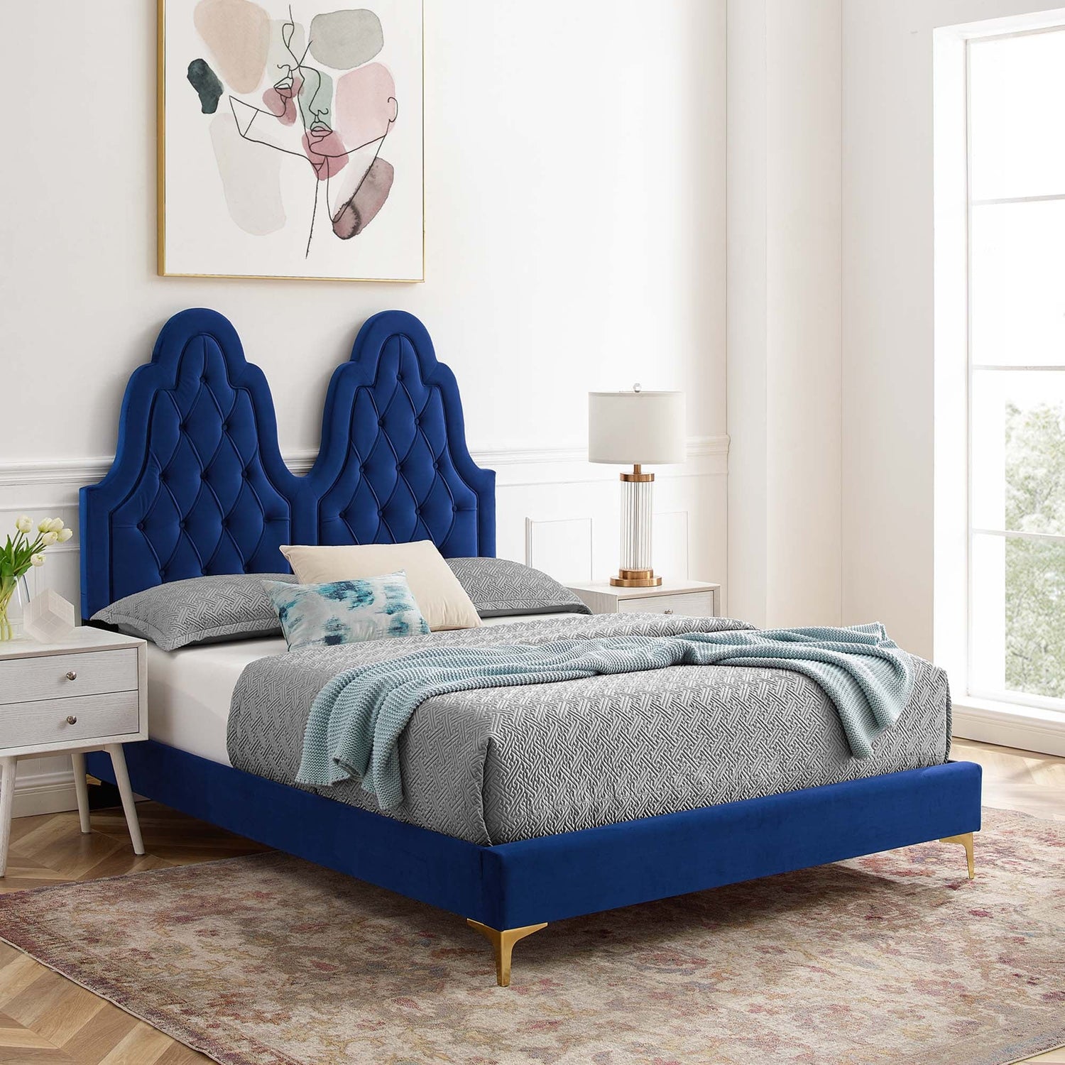 Alexandria Tufted Performance Velvet Platform Bed With Gold Legs by Modway