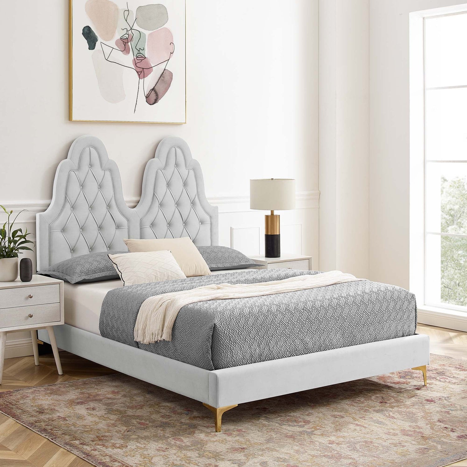 Alexandria Tufted Performance Velvet Platform Bed With Gold Legs by Modway