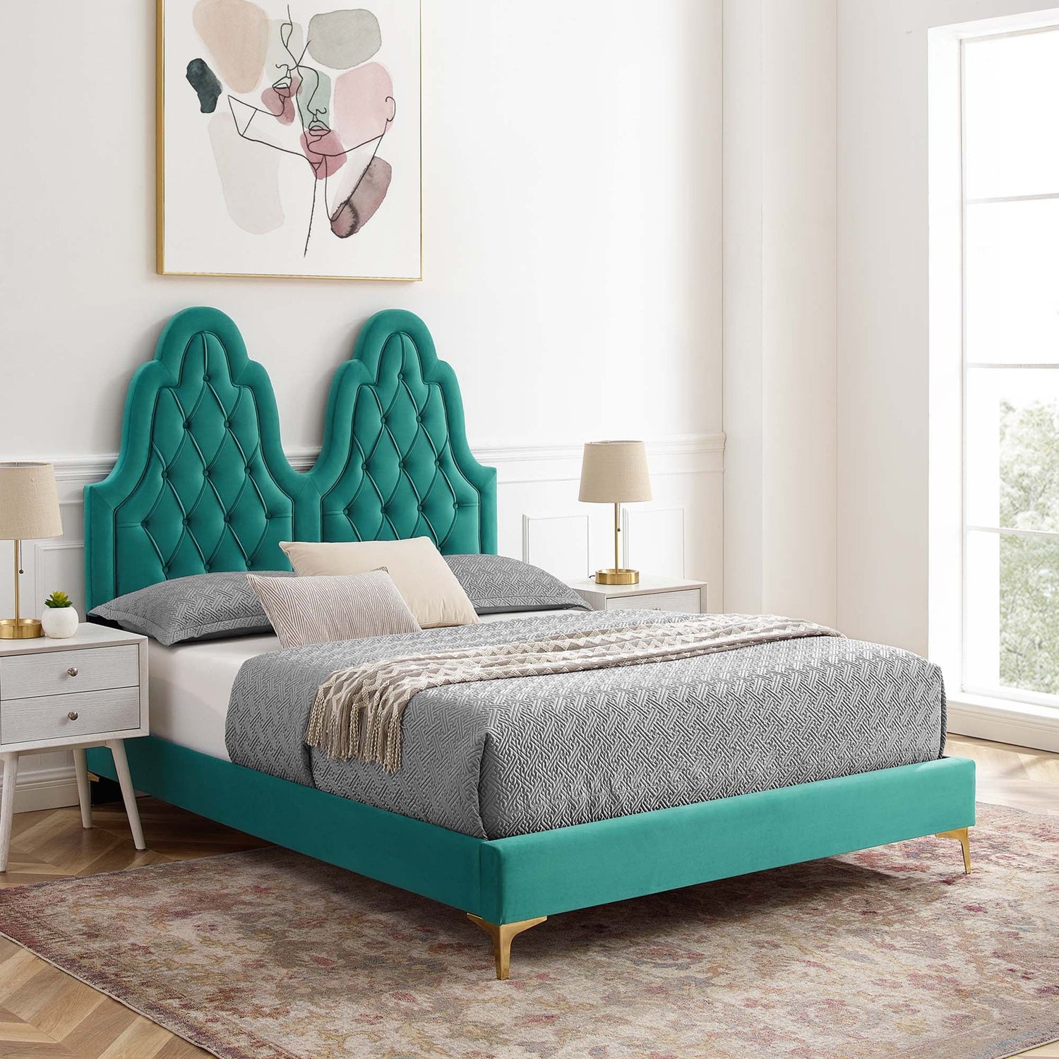 Alexandria Tufted Performance Velvet Platform Bed With Gold Legs by Modway