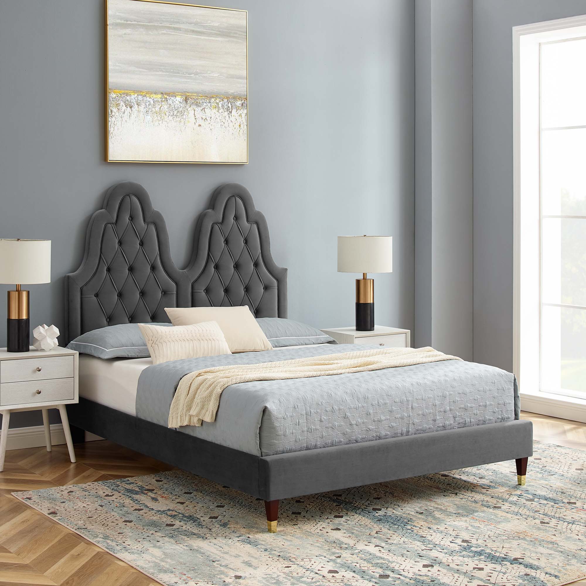 Alexandria Tufted Performance Velvet Platform Bed With Wood and Gold Legs by Modway