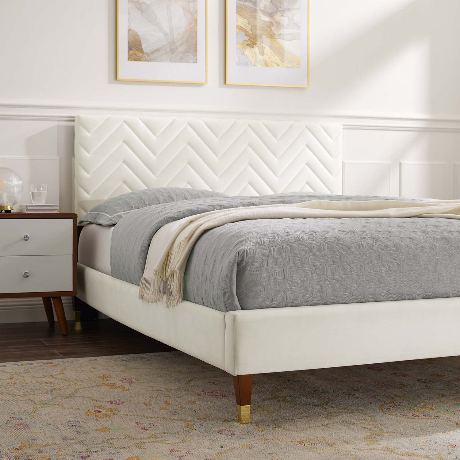 Leah Chevron Tufted Performance Velvet Platform Bed With Wood and Gold Legs by Modway