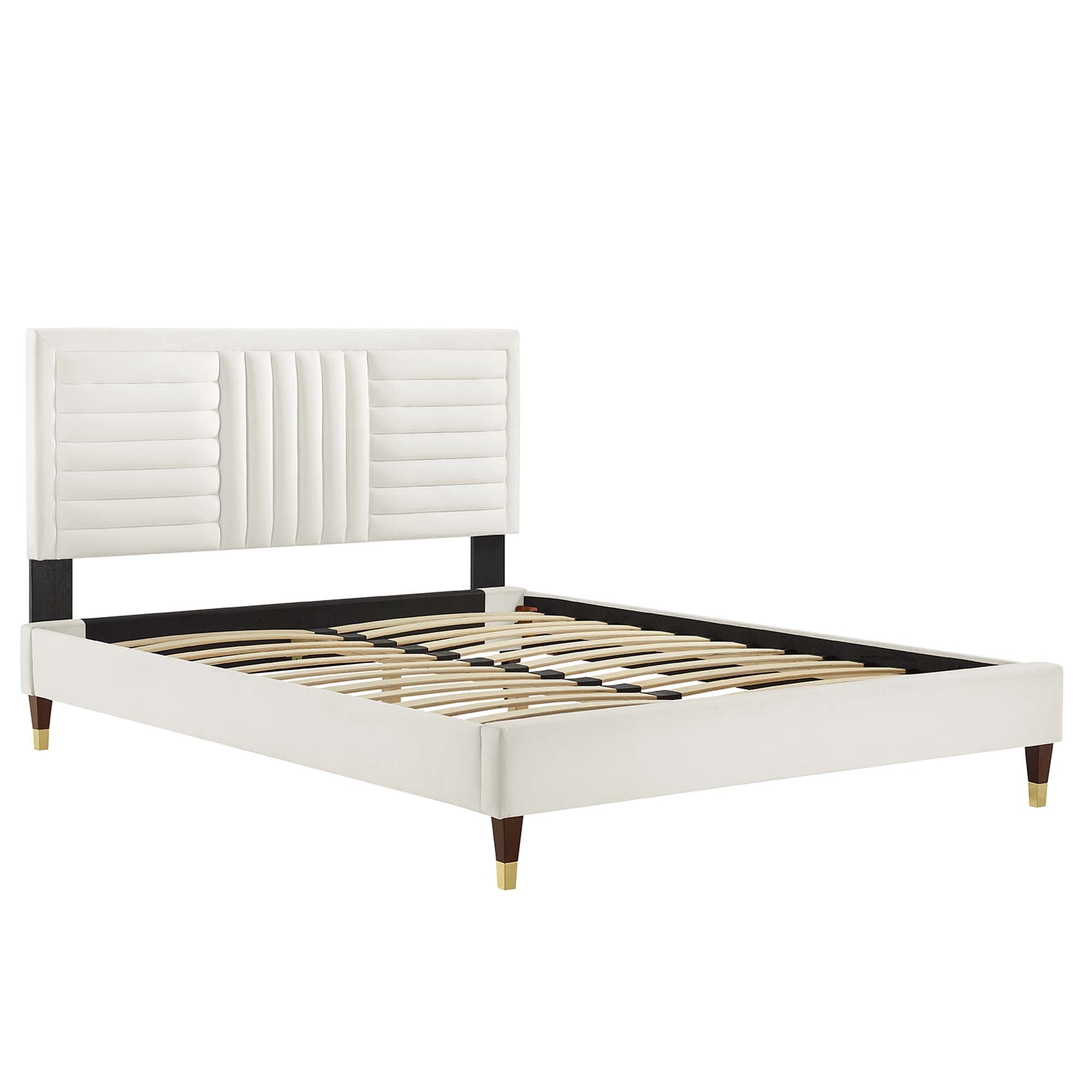 Sofia Channel Tufted Performance Velvet Platform Bed With Wood and Gold Legs by Modway