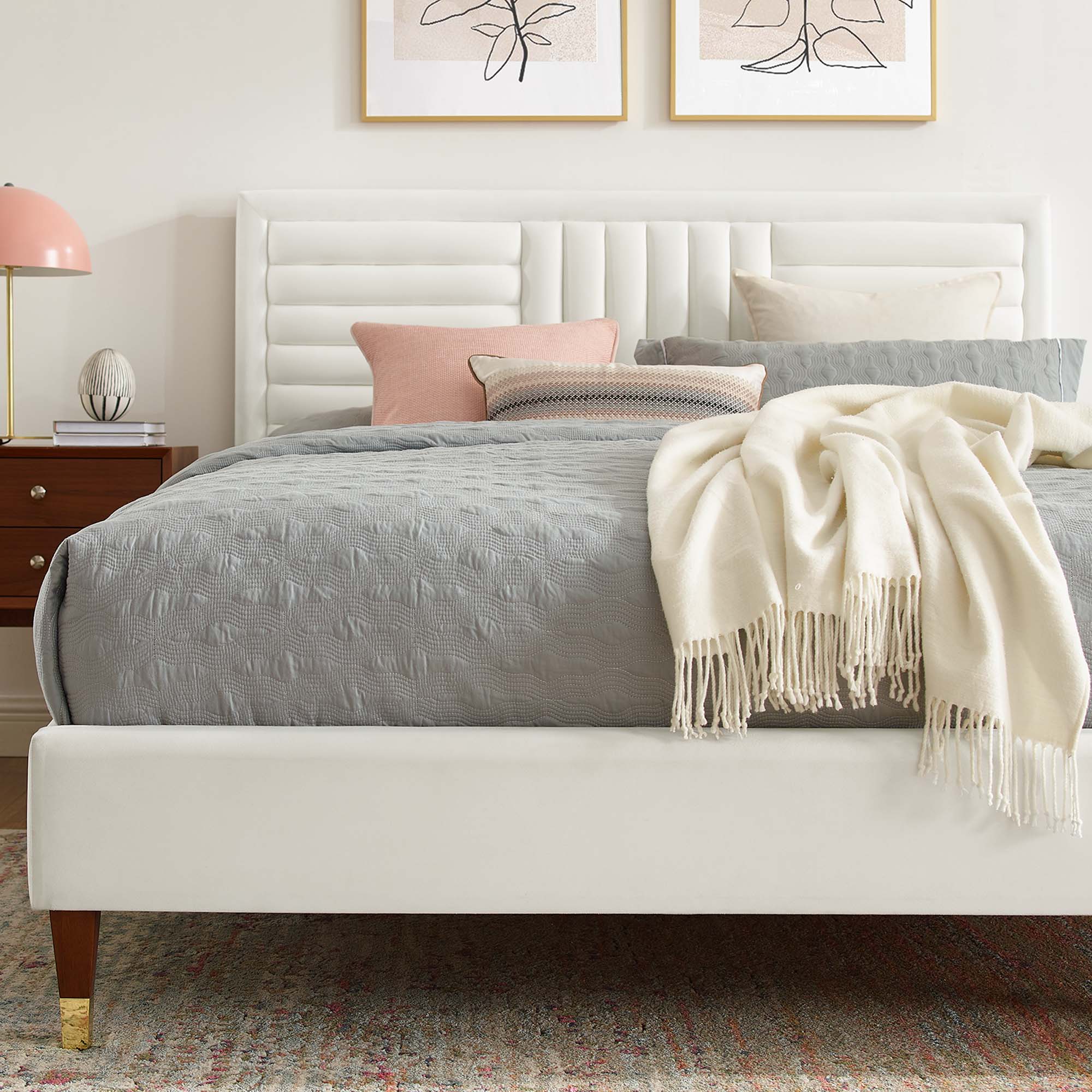 Sofia Channel Tufted Performance Velvet Platform Bed With Wood and Gold Legs by Modway