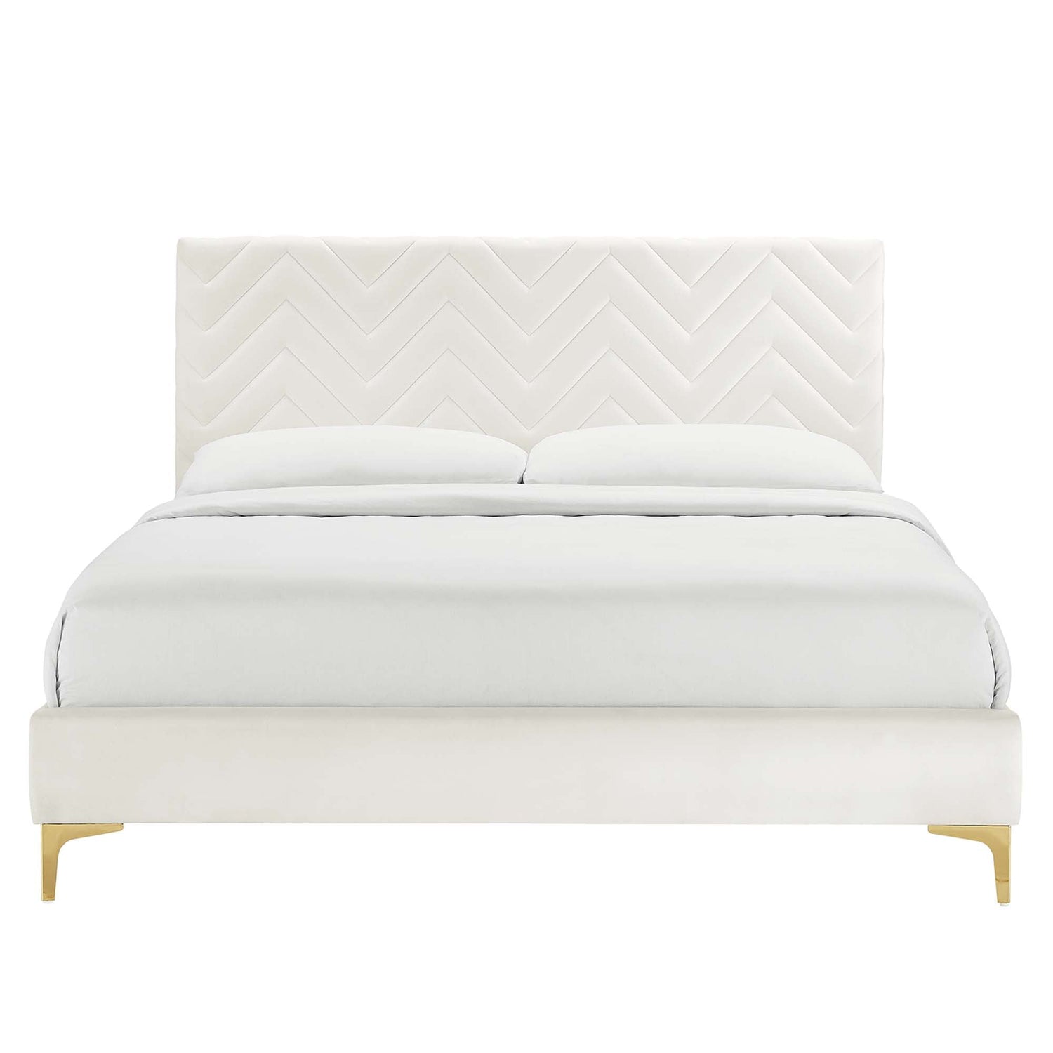 Leah Chevron Tufted Performance Velvet Platform Bed With Gold Metal Legs by Modway