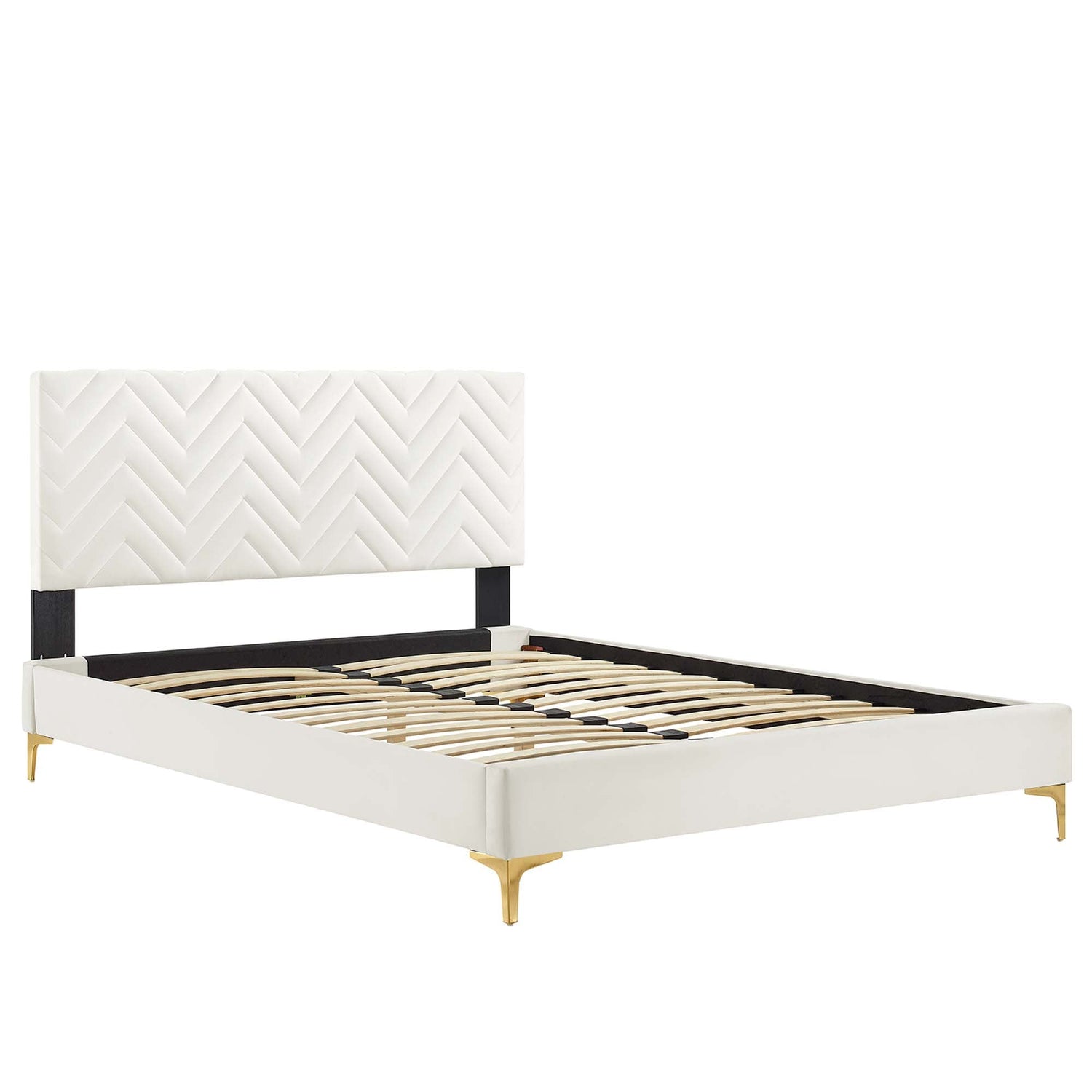 Leah Chevron Tufted Performance Velvet Platform Bed With Gold Metal Legs by Modway