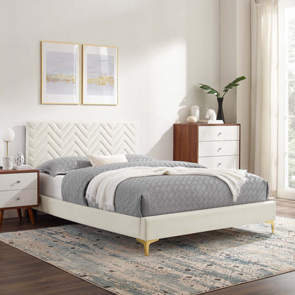 Leah Chevron Tufted Performance Velvet Platform Bed With Gold Metal Legs by Modway