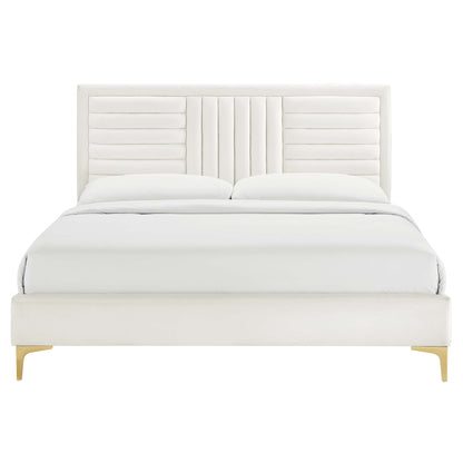 Sofia Channel Tufted Performance Velvet Platform Bed With Gold Metal Legs by Modway