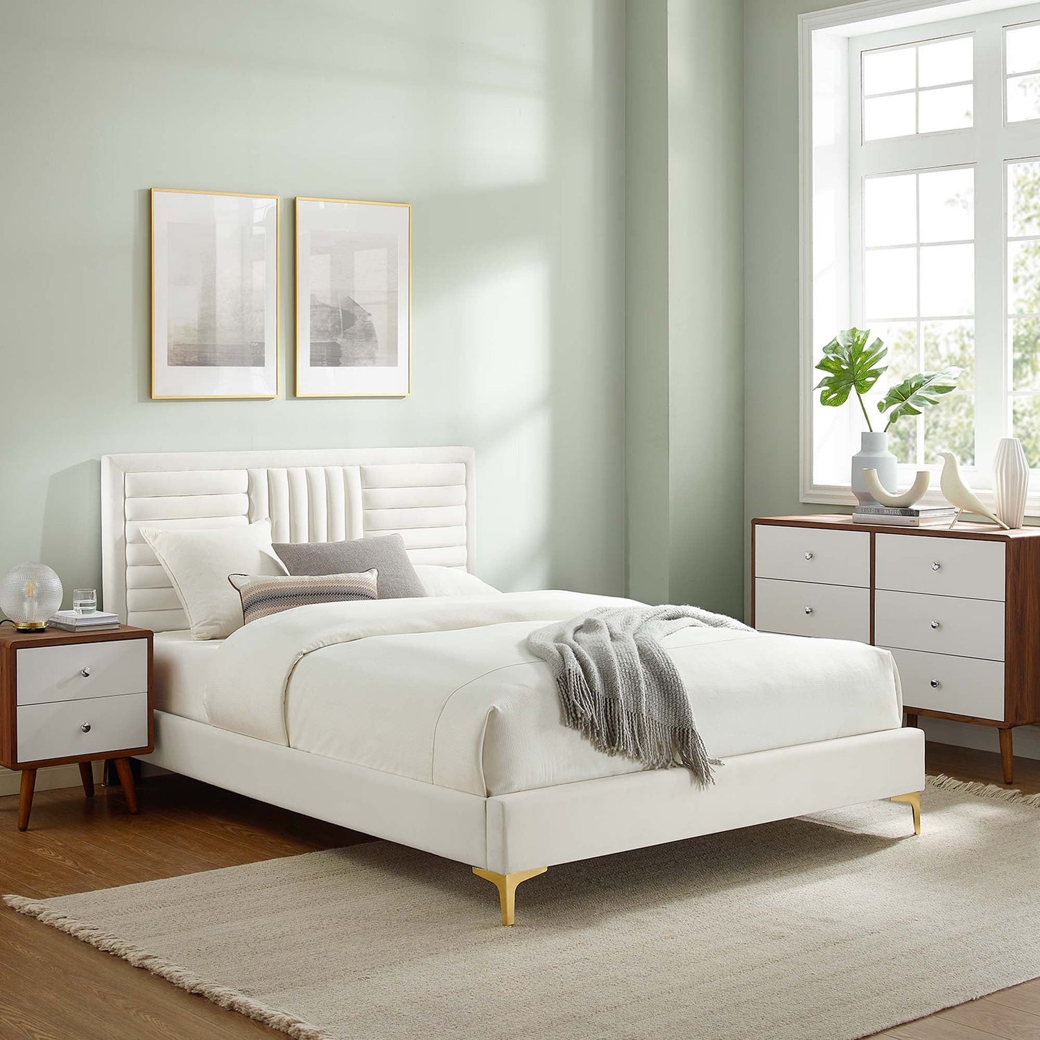 Sofia Channel Tufted Performance Velvet Platform Bed With Gold Metal Legs by Modway