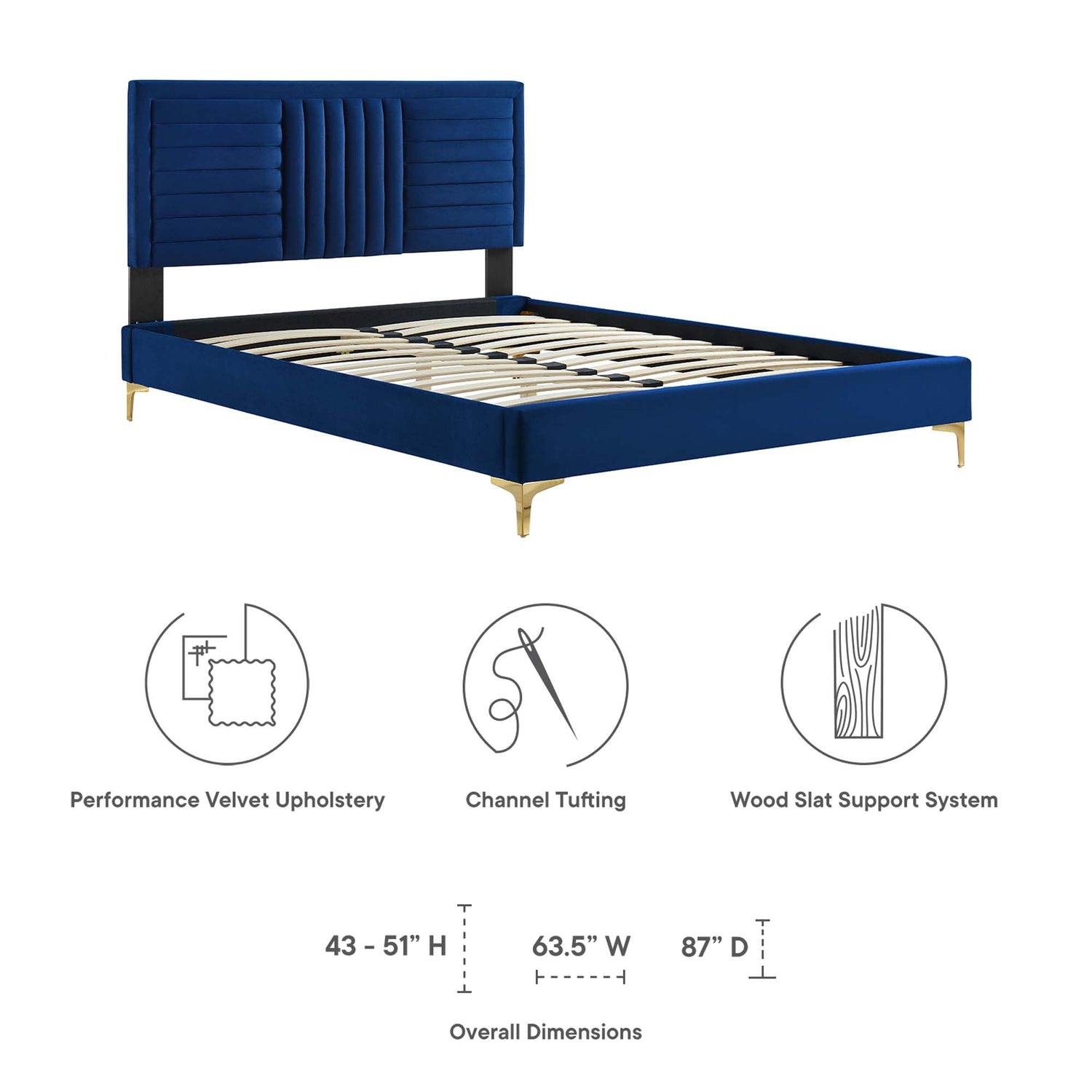 Sofia Channel Tufted Performance Velvet Platform Bed With Gold Metal Legs by Modway