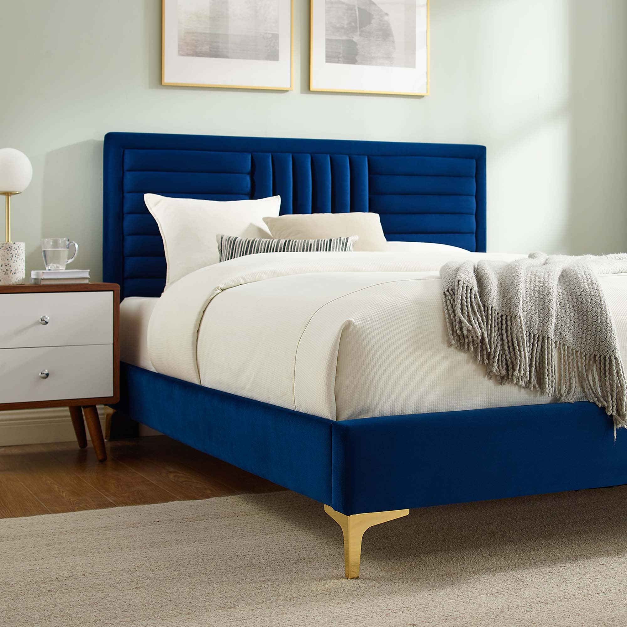 Sofia Channel Tufted Performance Velvet Platform Bed With Gold Metal Legs by Modway