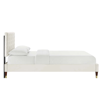 Leah Chevron Tufted Performance Velvet Platform Bed With Wood and Gold Legs by Modway