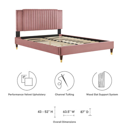 Zahra Channel Tufted Performance Velvet Platform Bed With Wood and Gold Legs by Modway