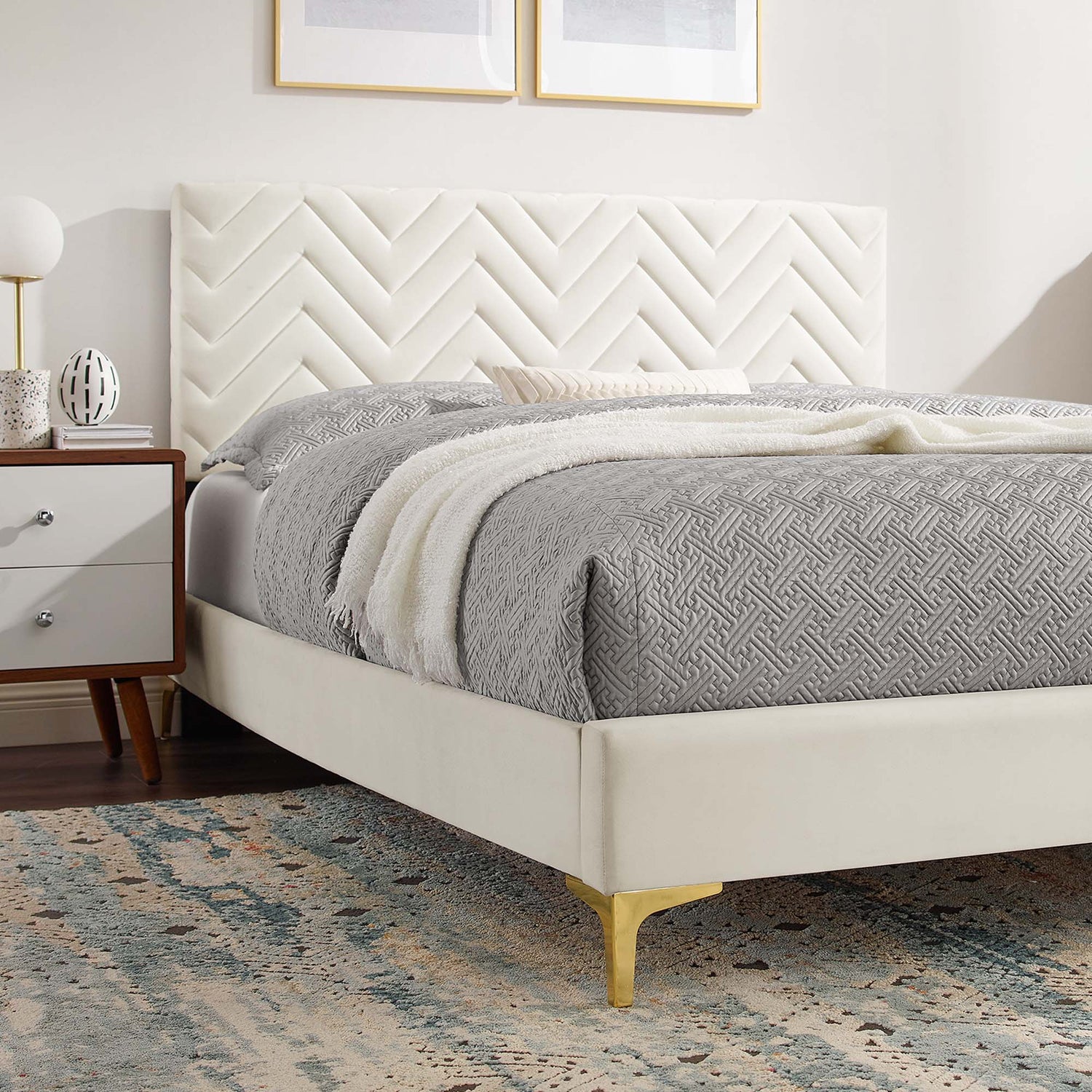 Leah Chevron Tufted Performance Velvet Platform Bed With Gold Metal Legs by Modway