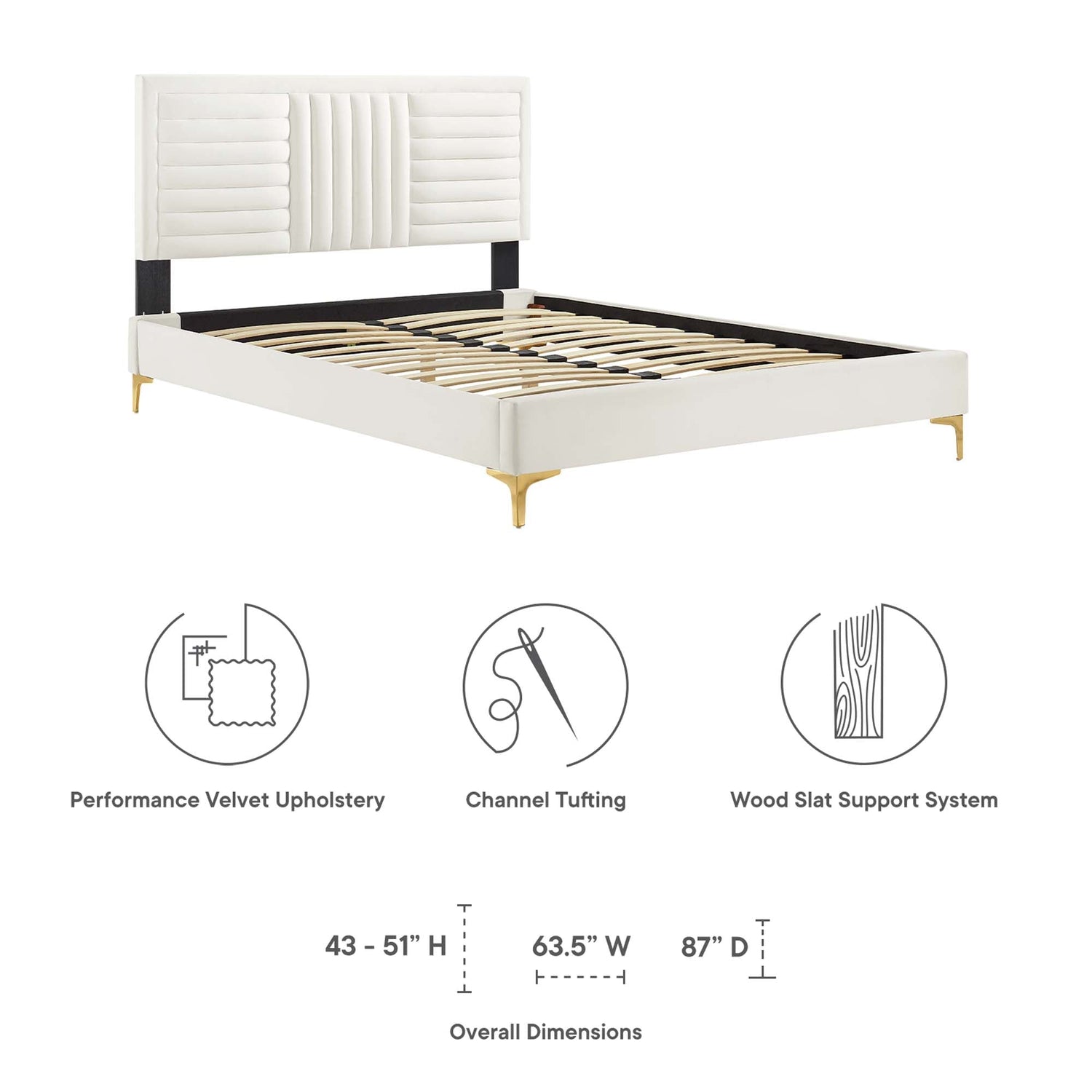 Sofia Channel Tufted Performance Velvet Platform Bed With Gold Metal Legs by Modway