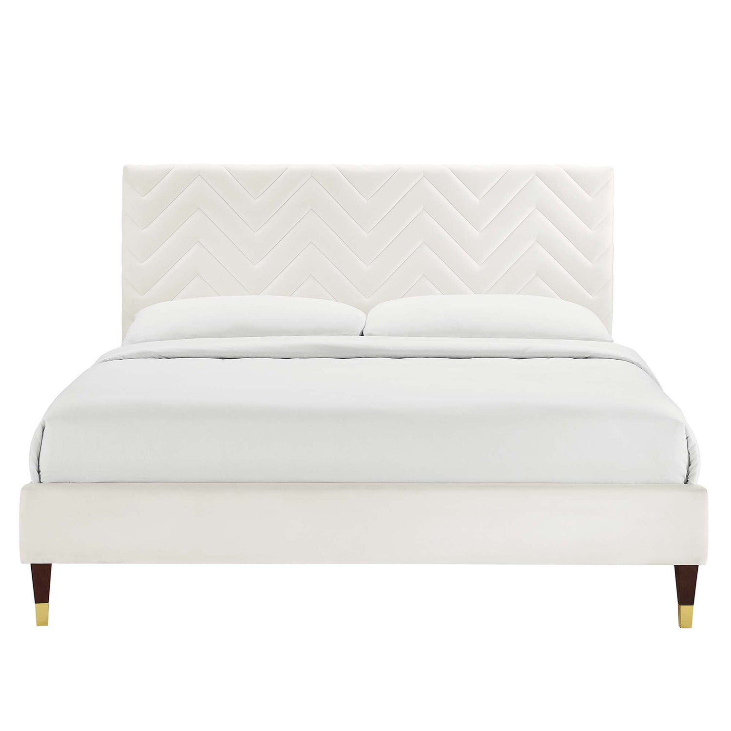 Leah Chevron Tufted Performance Velvet Platform Bed With Wood and Gold Legs by Modway