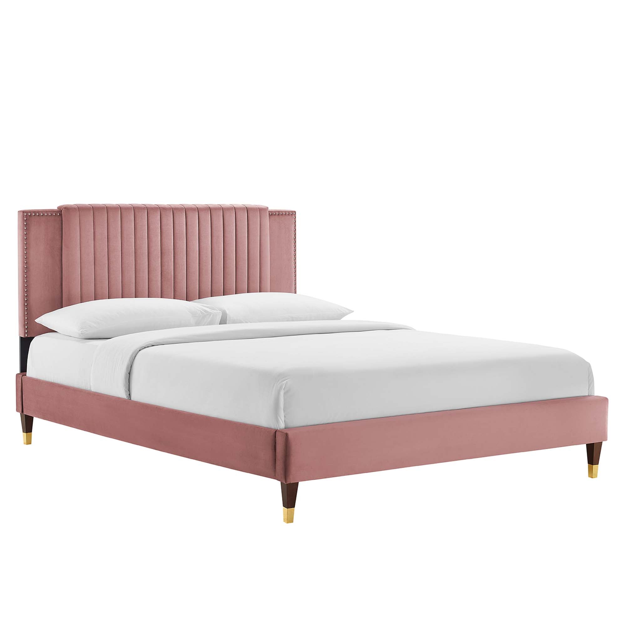 Zahra Channel Tufted Performance Velvet Platform Bed With Wood and Gold Legs by Modway