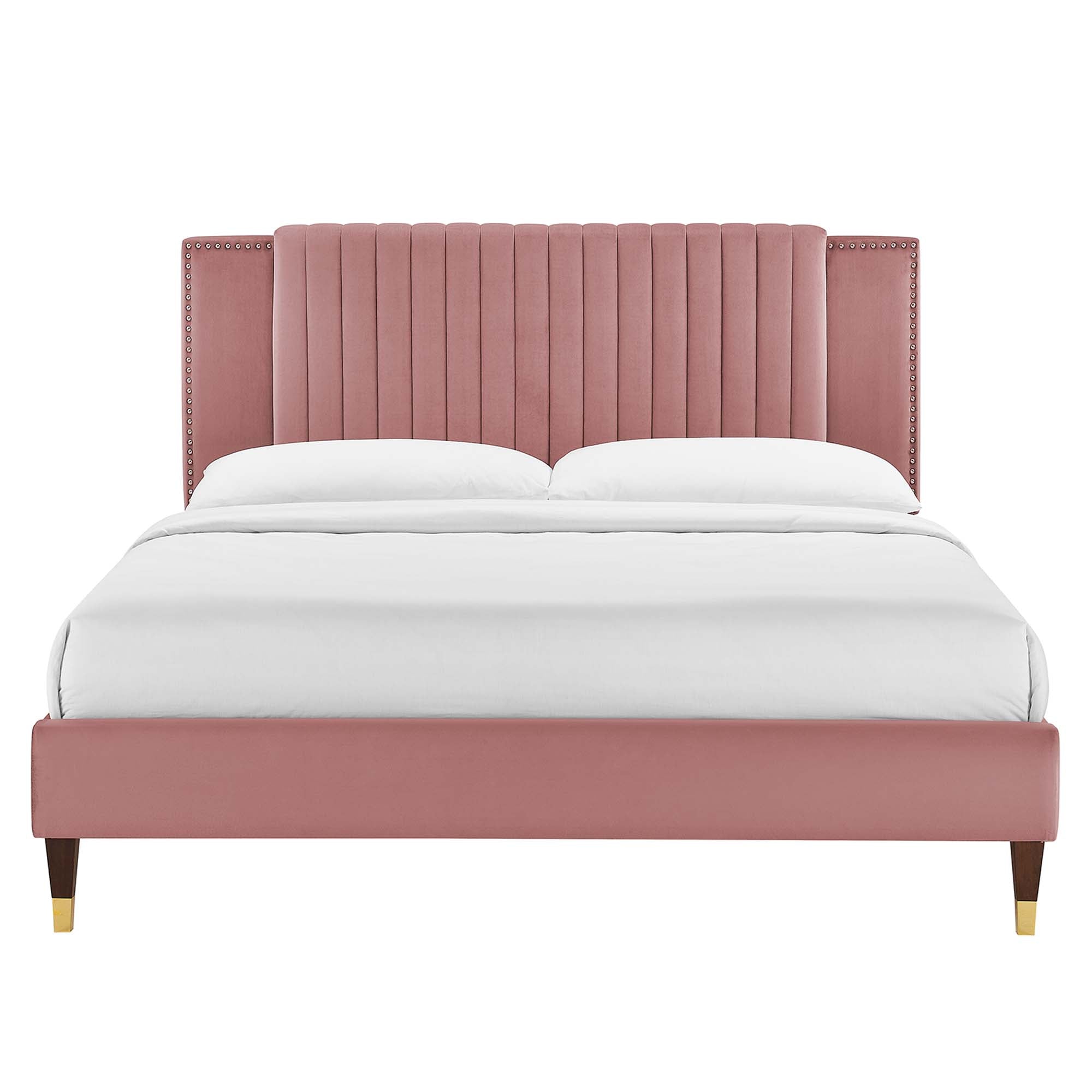 Zahra Channel Tufted Performance Velvet Platform Bed With Wood and Gold Legs by Modway