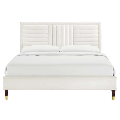 Sofia Channel Tufted Performance Velvet Platform Bed With Wood and Gold Legs by Modway