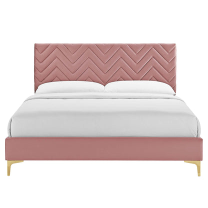 Leah Chevron Tufted Performance Velvet Platform Bed With Gold Metal Legs by Modway