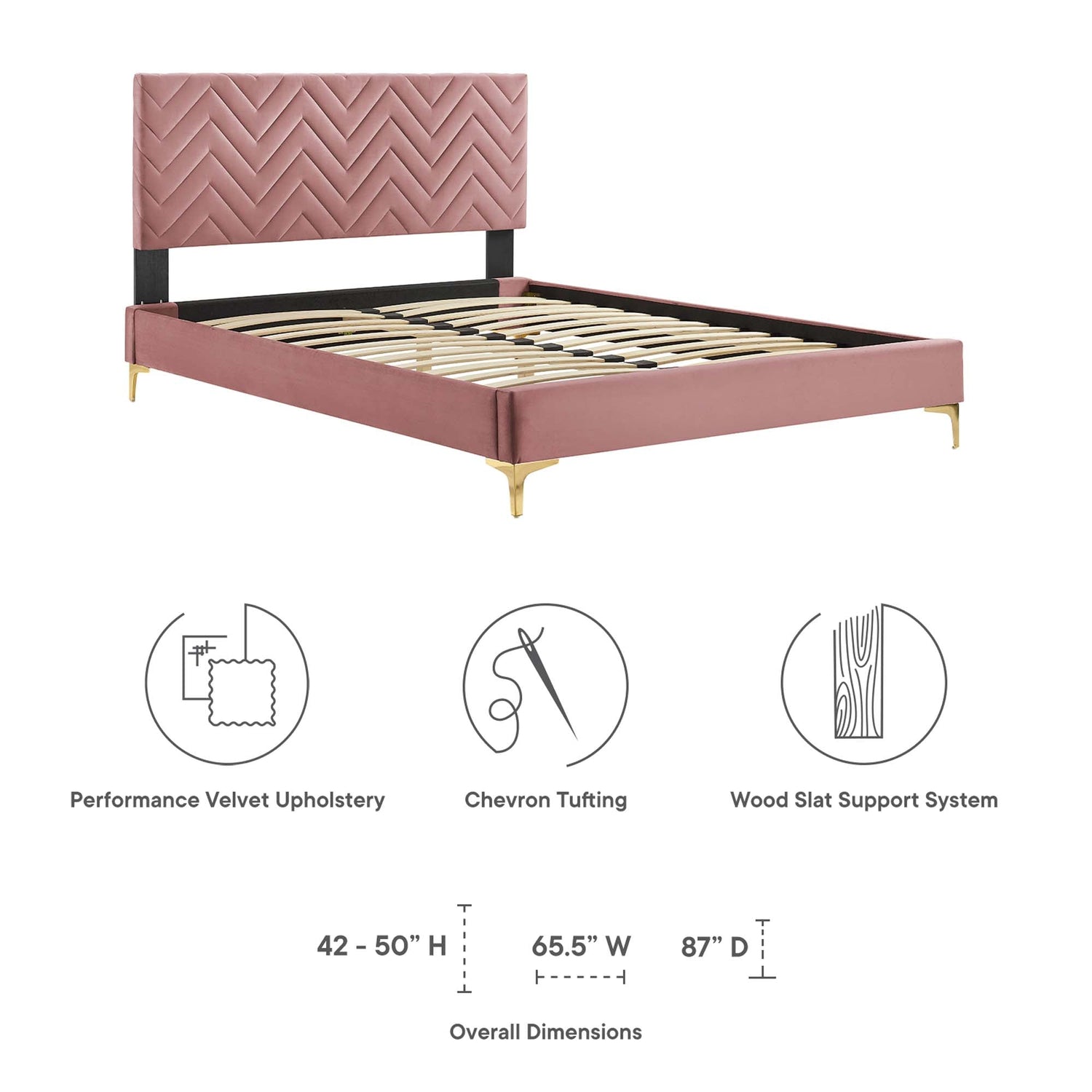 Leah Chevron Tufted Performance Velvet Platform Bed With Gold Metal Legs by Modway