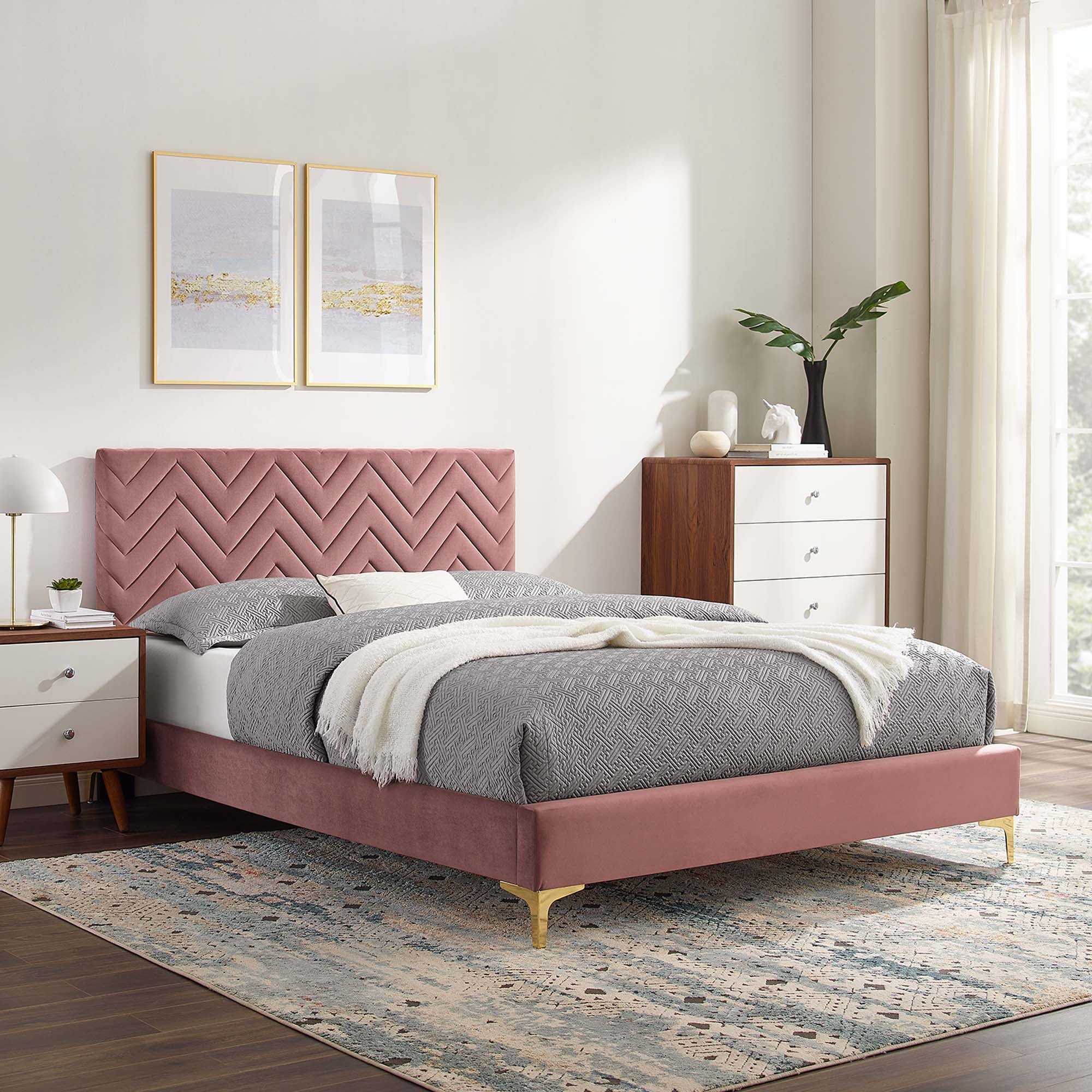 Leah Chevron Tufted Performance Velvet Platform Bed With Gold Metal Legs by Modway